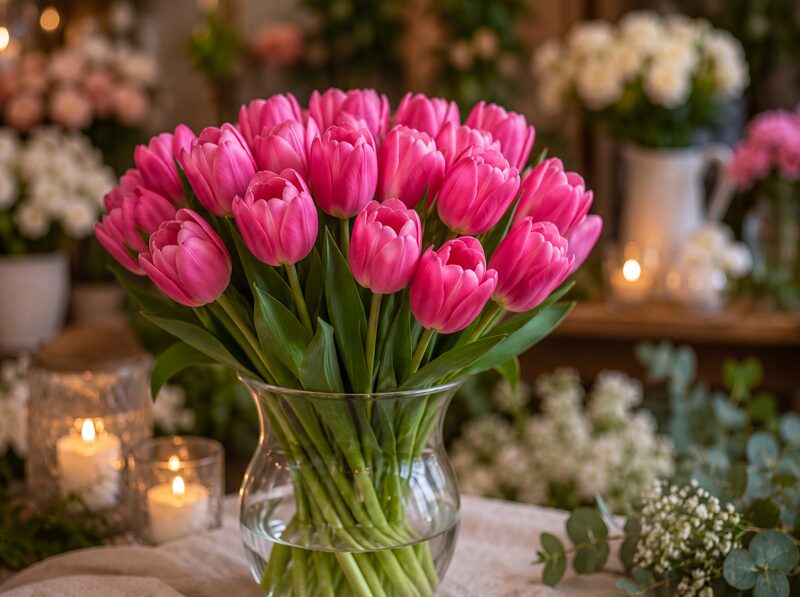 Ružové tulipány M Flower vo váze ako jarná sezónna ponuka čerstvých kvetov