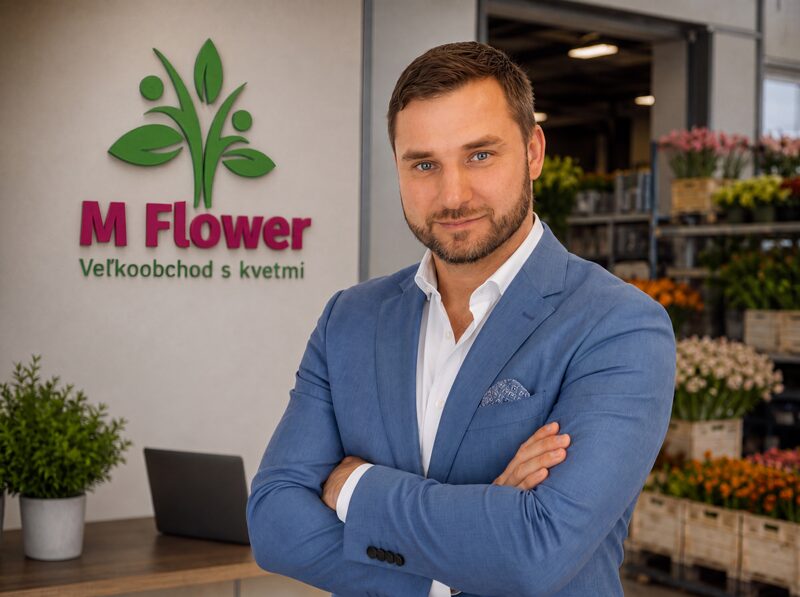 Majiteľ firmy M Flower vo veľkoobchode s kvetmi pred logom M Flower a skladom čerstvých rastlín