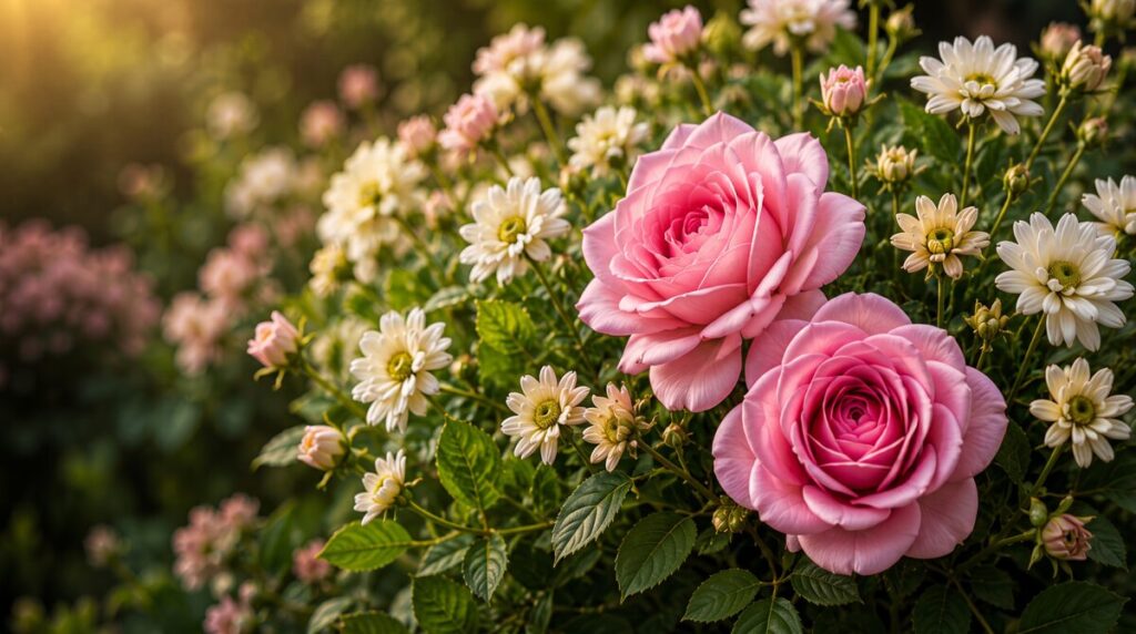 Ružové ruže a biele kvety v záhradnom centre M Flower pre stránku O nás