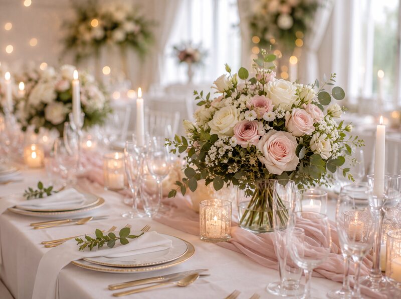 Svadobná výzdoba M Flower s ružami, sviečkami a elegantným kvetinovým aranžmánom na svadobnom stole